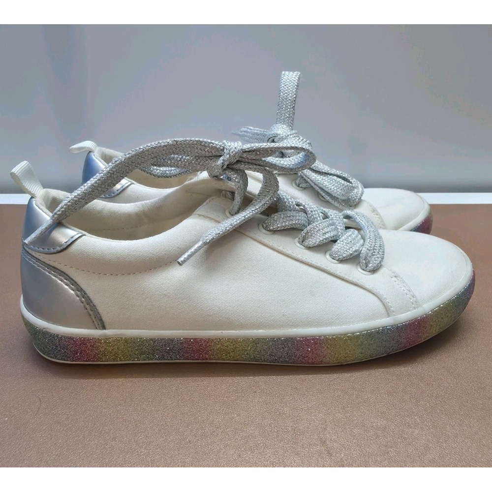 Gap Kids Cream Canvas Sneakers Sparkly Rainbow Trim Silver Laces Girls Size 4
